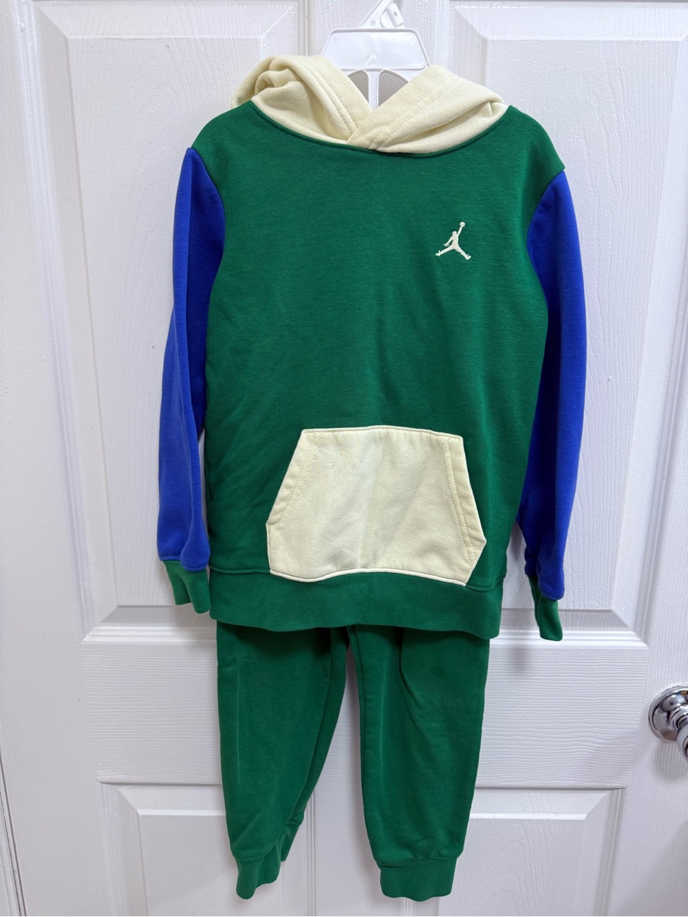 Jordan Green Hoodie and Sweatpants Set with Blue Sleeves, Size 5